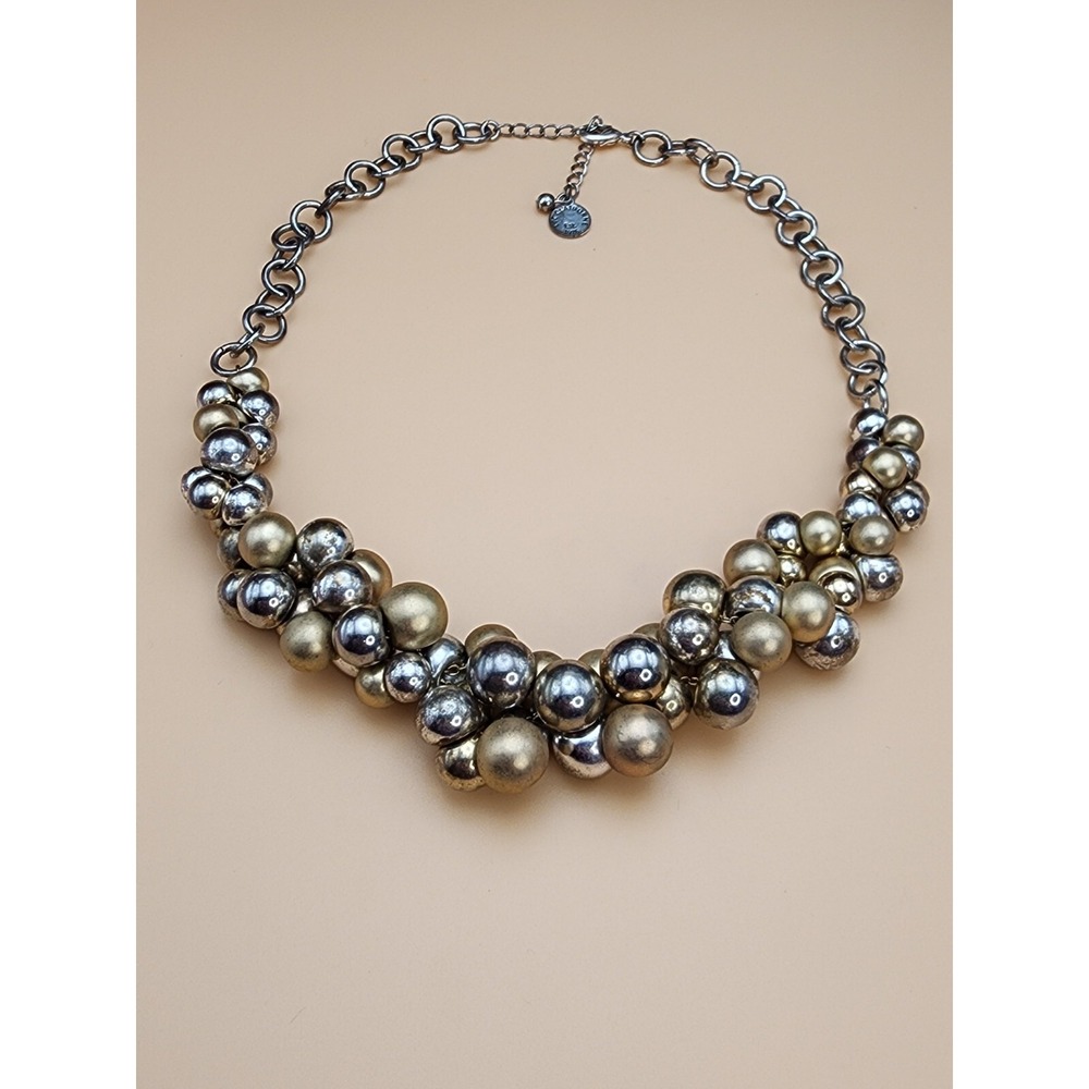 Vtg LIZ CLAIBORNE Silver & Gold Bead Bib Necklace 18" Adjust Statement FREE $HIP
